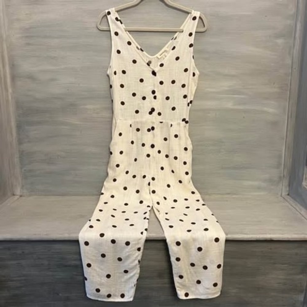 Monteau Los Angeles Cream Brown Polka Dot Vneck Jumpsuit Size Medium NWT